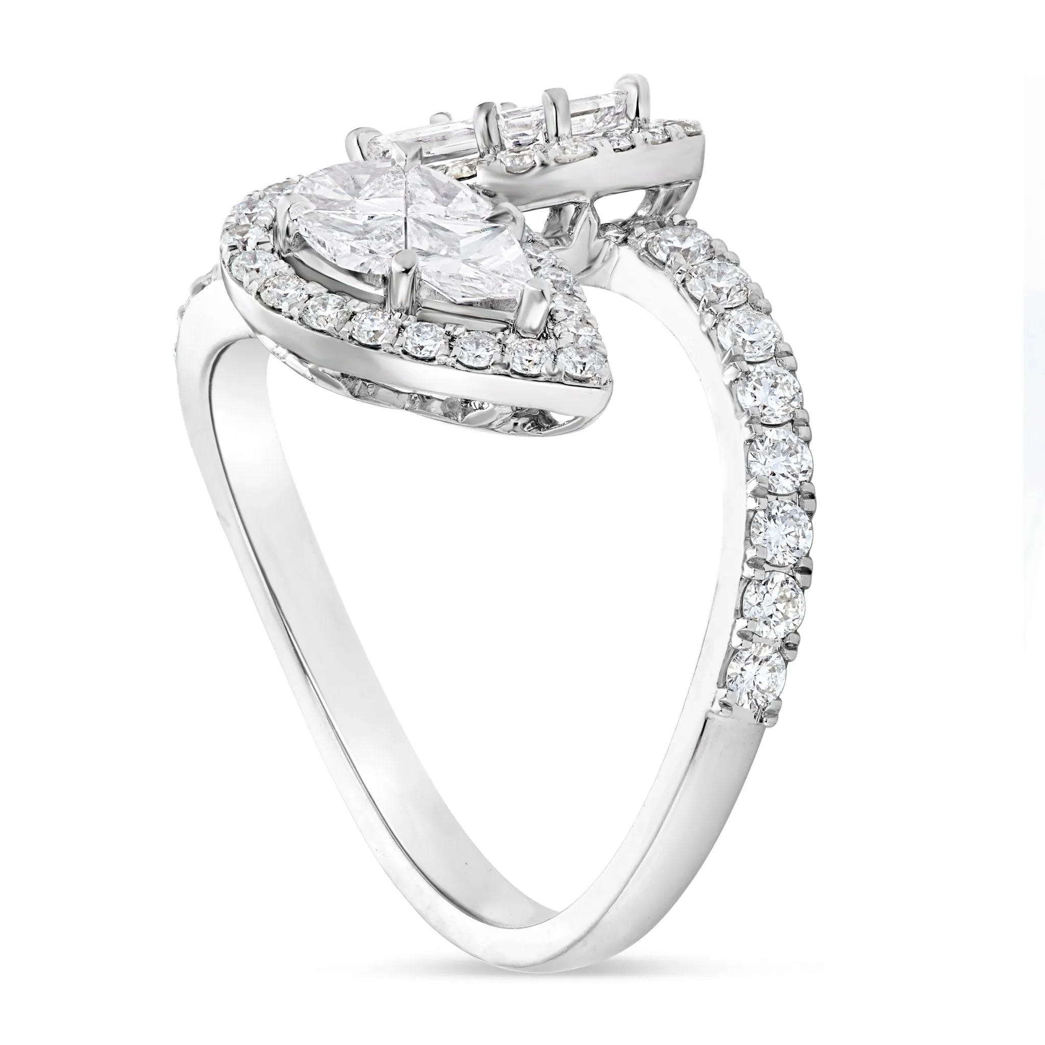 18K White Gold 1.59ct Emerald and Pear Diamond Wrap Ring