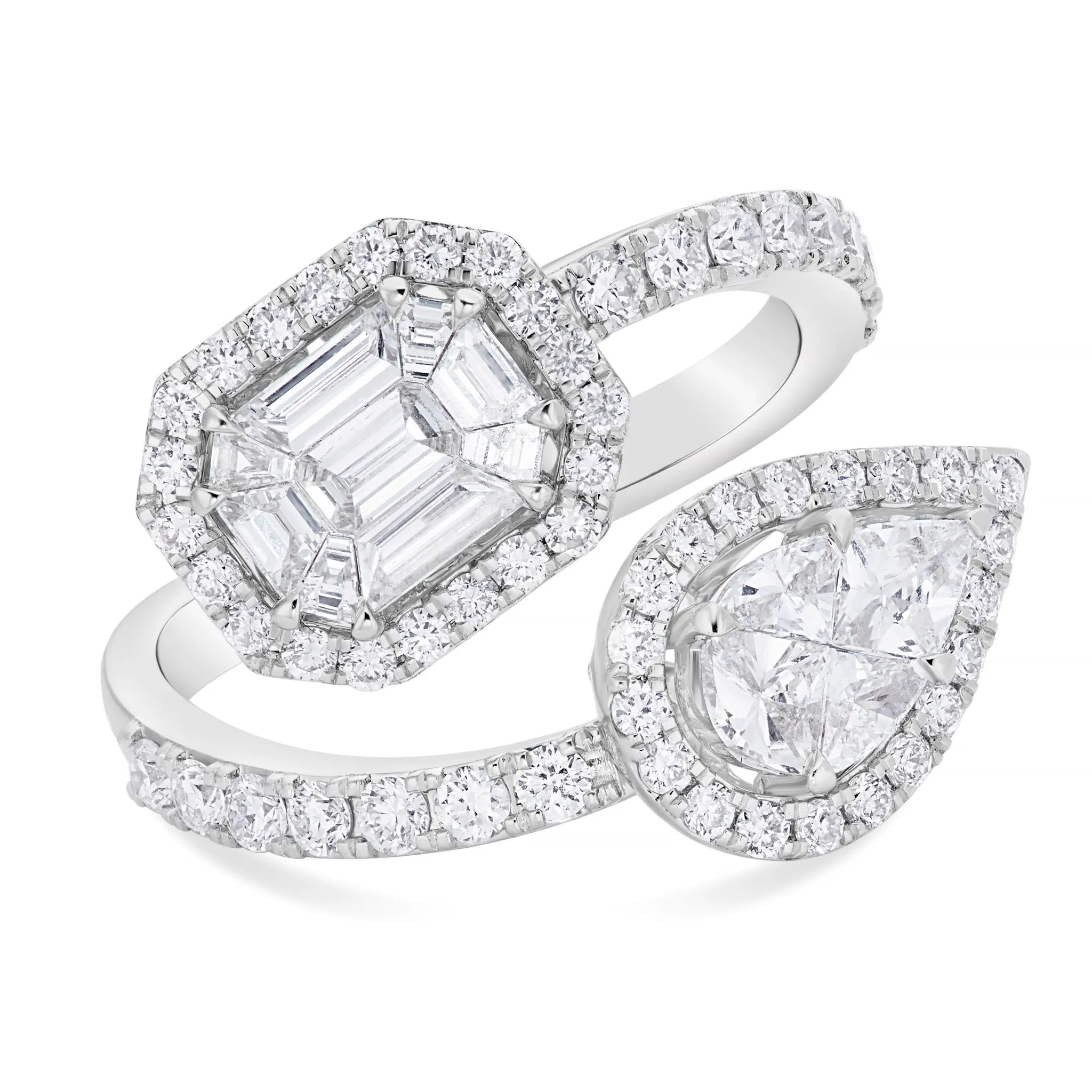 18K White Gold 1.59ct Emerald and Pear Diamond Wrap Ring