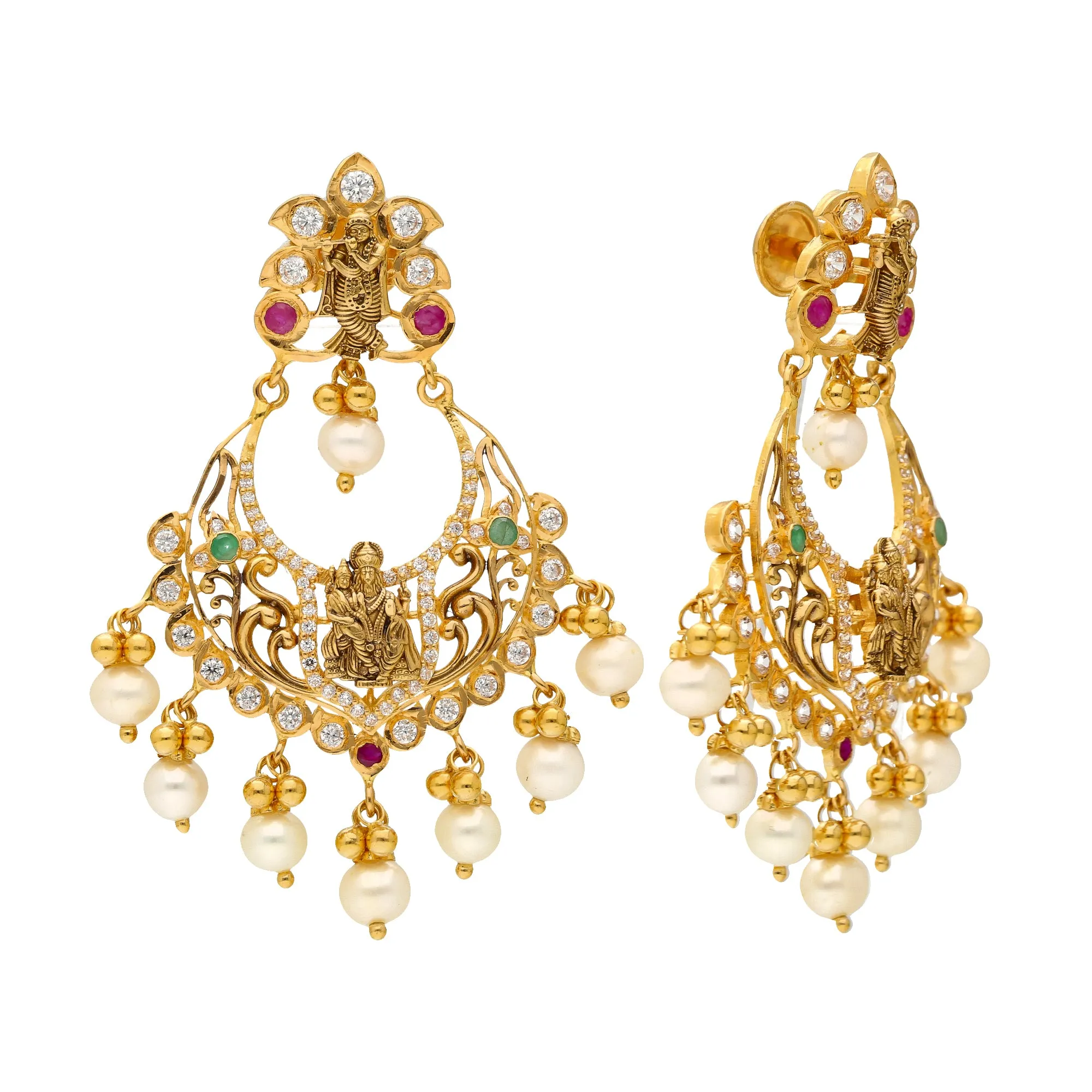 22K Yellow Gold, Emerald, Ruby, and CZ Chanbdali Temple Earrings (18.7 grams)