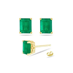 2.75-3.47 Cts of 8x6 mm AA Emerald-Cut Natural Emerald Scroll Stud Earrings in 14K Yellow Gold