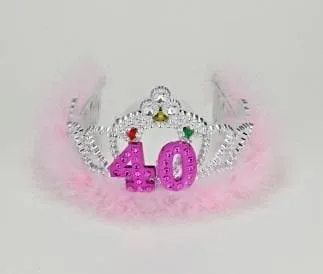 40th Birthday Silver Flashing Tiara w/ Pink Marabou Feather