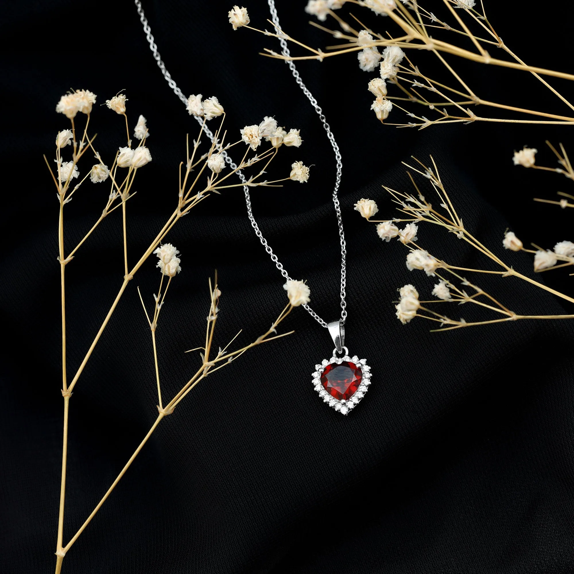 4.25 CT Garnet Heart Pendant Necklace with Moissanite Halo