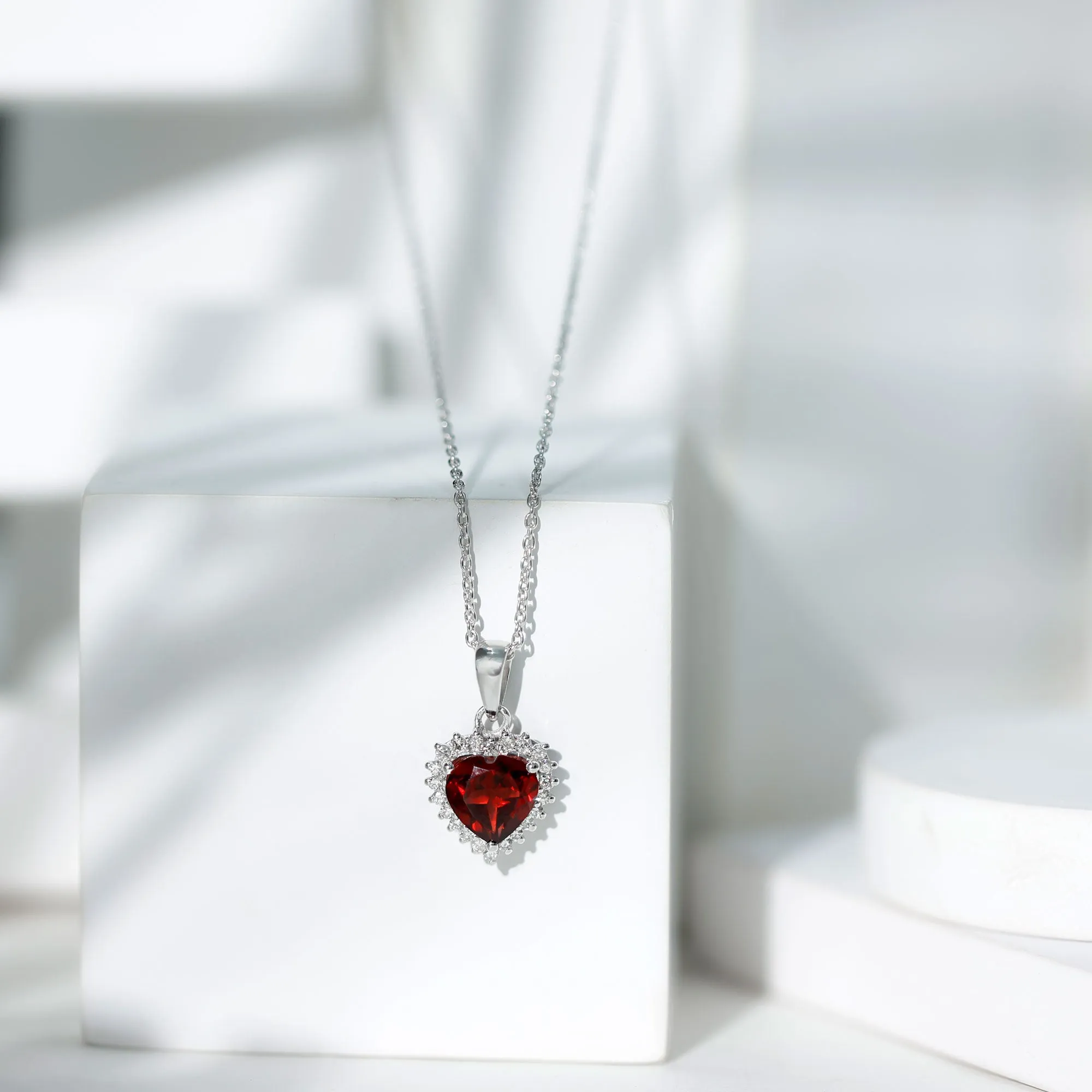 4.25 CT Garnet Heart Pendant Necklace with Moissanite Halo