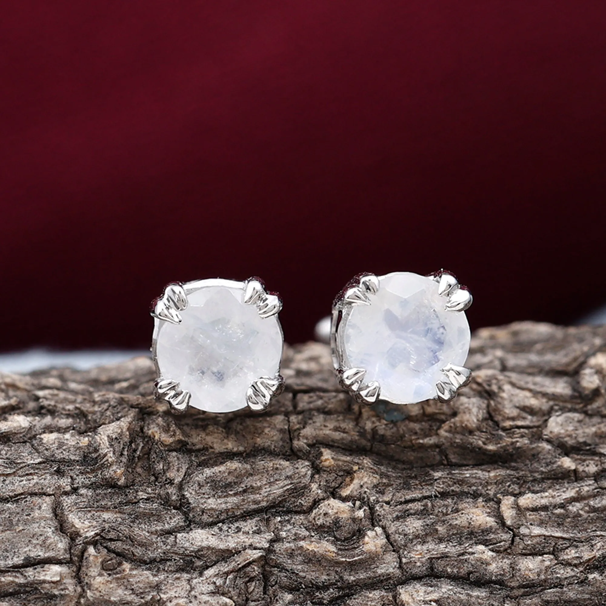 4.5 MM Moonstone Solitaire Stud Earrings in Double Claw Prong Setting