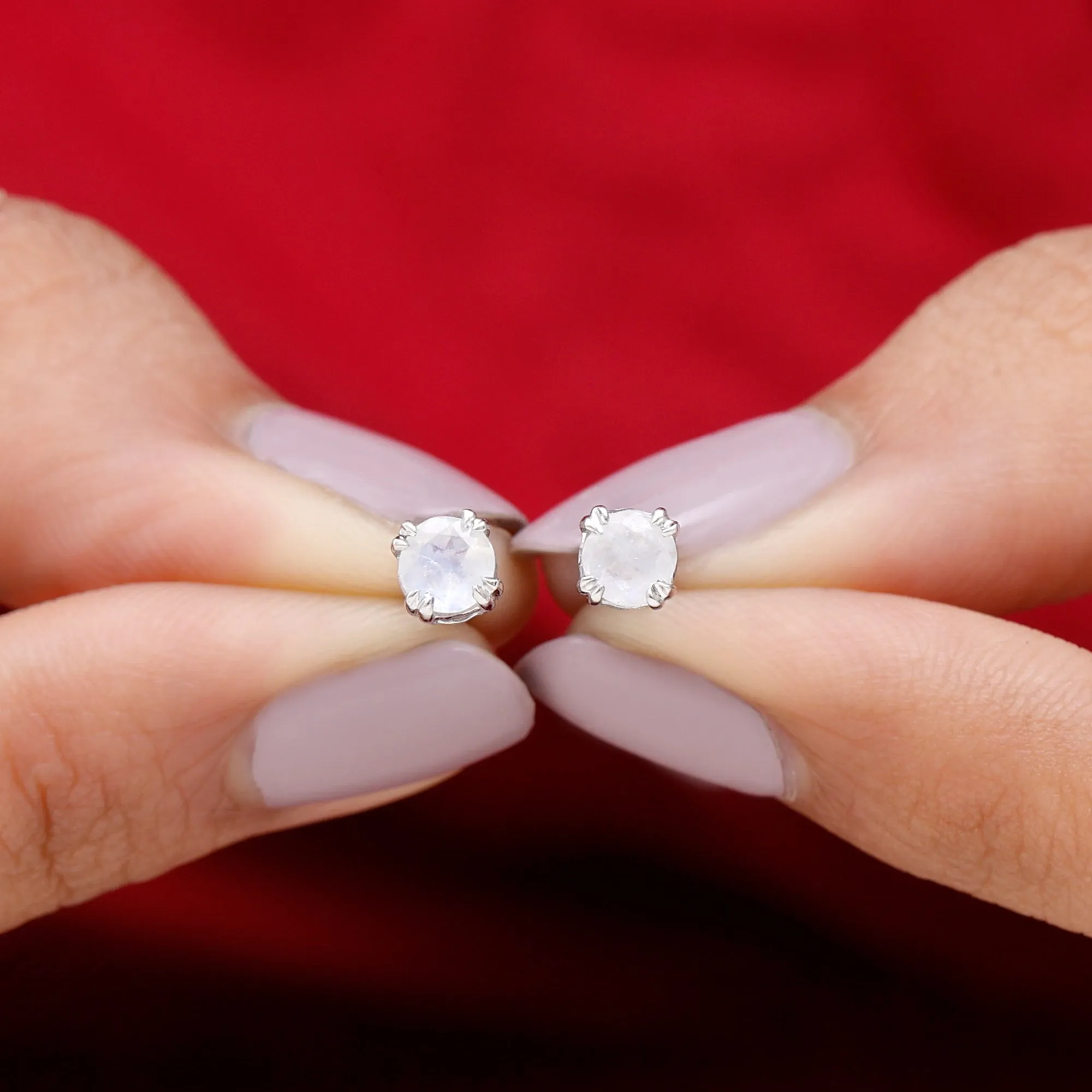 4.5 MM Moonstone Solitaire Stud Earrings in Double Claw Prong Setting