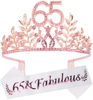 65th Birthday Gifts for Women, 65th Birthday Tiara and Sash, 65 Fabulous Sash and Crystal
