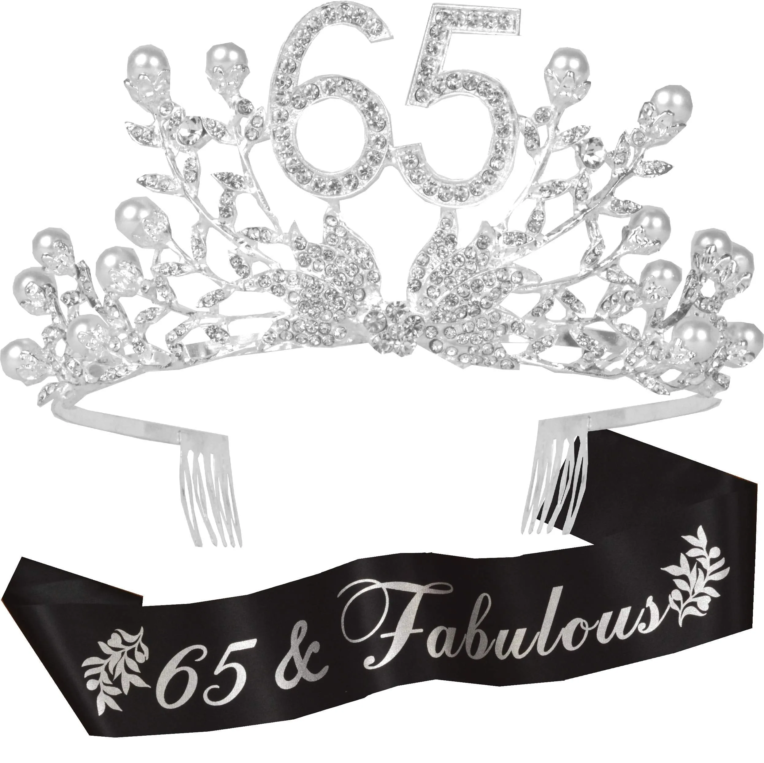 65th Birthday Gifts for Women, 65th Birthday Tiara and Sash, 65 Fabulous Sash and Crystal