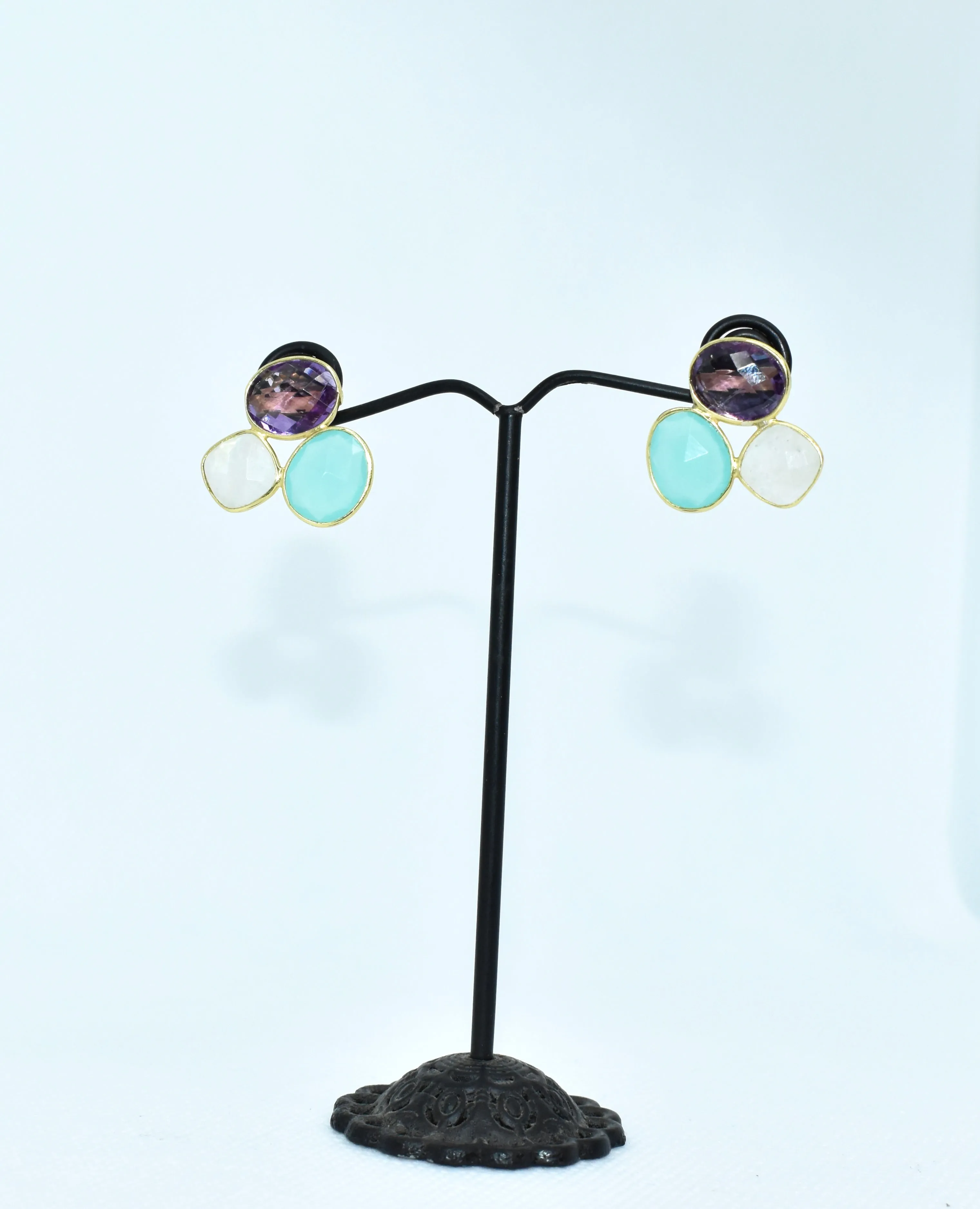 Amethyst, Moonstone & Chalcedony Gold Studs