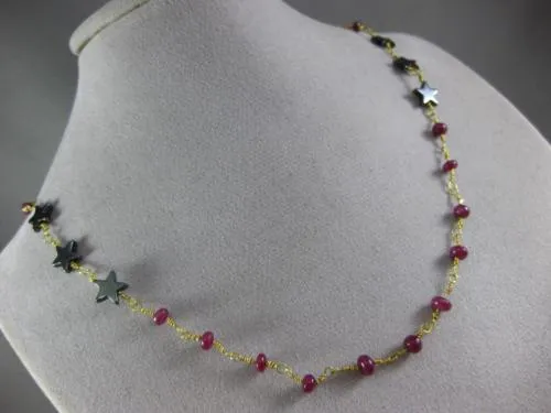 ANTIQUE LONG AAA HEMATITE & RUBY 18KT YELLOW GOLD 3D SHOOTING STAR FUN NECKLACE