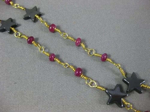 ANTIQUE LONG AAA HEMATITE & RUBY 18KT YELLOW GOLD 3D SHOOTING STAR FUN NECKLACE