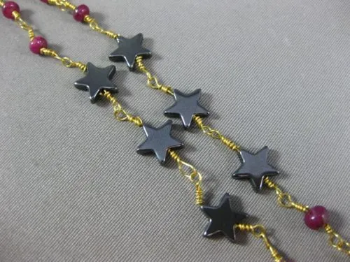 ANTIQUE LONG AAA HEMATITE & RUBY 18KT YELLOW GOLD 3D SHOOTING STAR FUN NECKLACE
