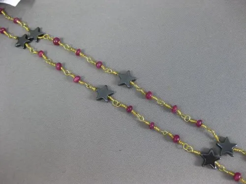 ANTIQUE LONG AAA HEMATITE & RUBY 18KT YELLOW GOLD 3D SHOOTING STAR FUN NECKLACE