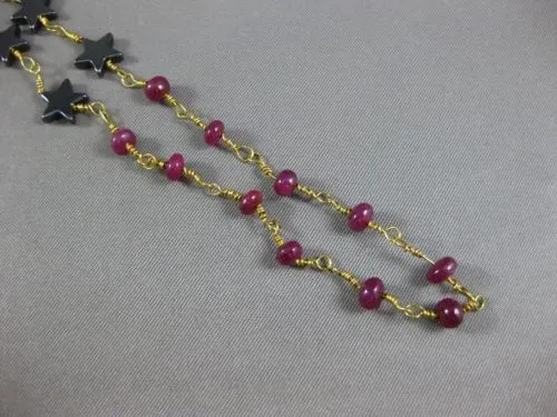 ANTIQUE LONG AAA HEMATITE & RUBY 18KT YELLOW GOLD 3D SHOOTING STAR FUN NECKLACE