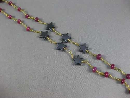 ANTIQUE LONG AAA HEMATITE & RUBY 18KT YELLOW GOLD 3D SHOOTING STAR FUN NECKLACE