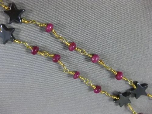 ANTIQUE LONG AAA HEMATITE & RUBY 18KT YELLOW GOLD 3D SHOOTING STAR FUN NECKLACE