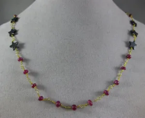 ANTIQUE LONG AAA HEMATITE & RUBY 18KT YELLOW GOLD 3D SHOOTING STAR FUN NECKLACE