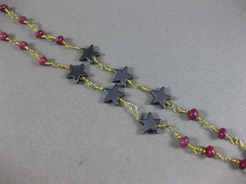 ANTIQUE LONG AAA HEMATITE & RUBY 18KT YELLOW GOLD 3D SHOOTING STAR FUN NECKLACE
