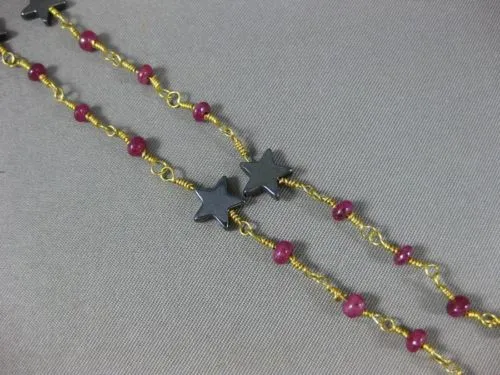 ANTIQUE LONG AAA HEMATITE & RUBY 18KT YELLOW GOLD 3D SHOOTING STAR FUN NECKLACE