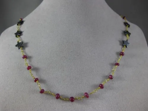 ANTIQUE LONG AAA HEMATITE & RUBY 18KT YELLOW GOLD 3D SHOOTING STAR FUN NECKLACE