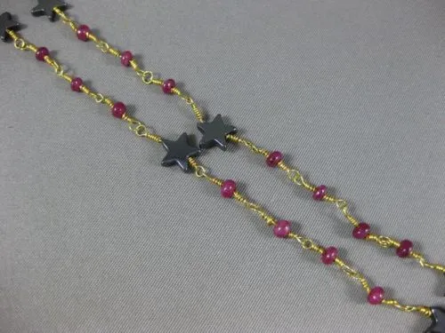 ANTIQUE LONG AAA HEMATITE & RUBY 18KT YELLOW GOLD 3D SHOOTING STAR FUN NECKLACE