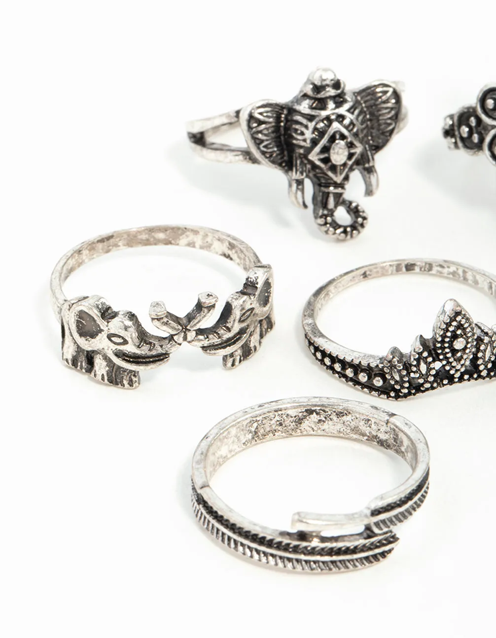 Antique Silver Boho Elephant Style Rings 8-Pack
