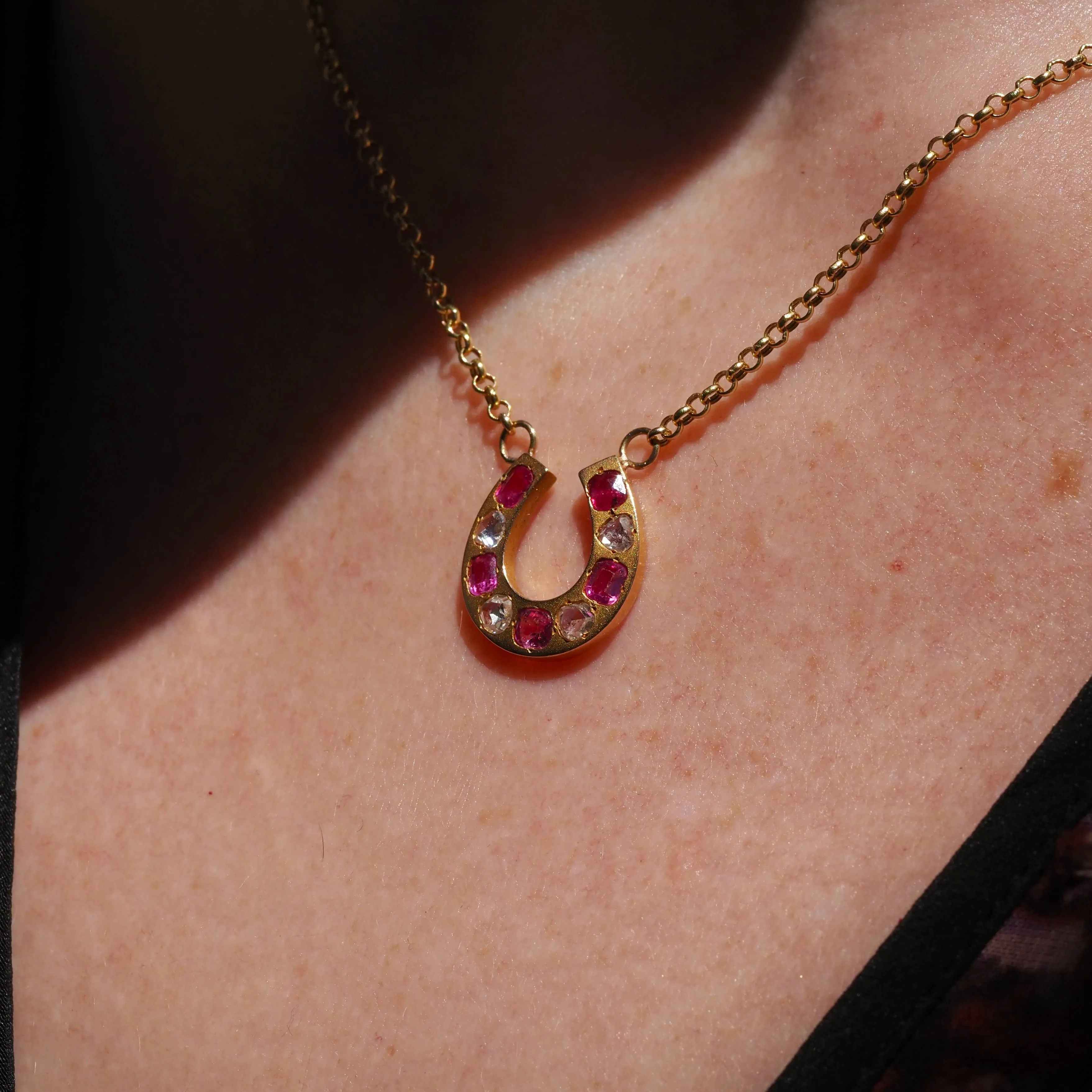 Antique Victorian French 18k Gold Ruby and Rose Cut Diamond Horseshoe Necklace