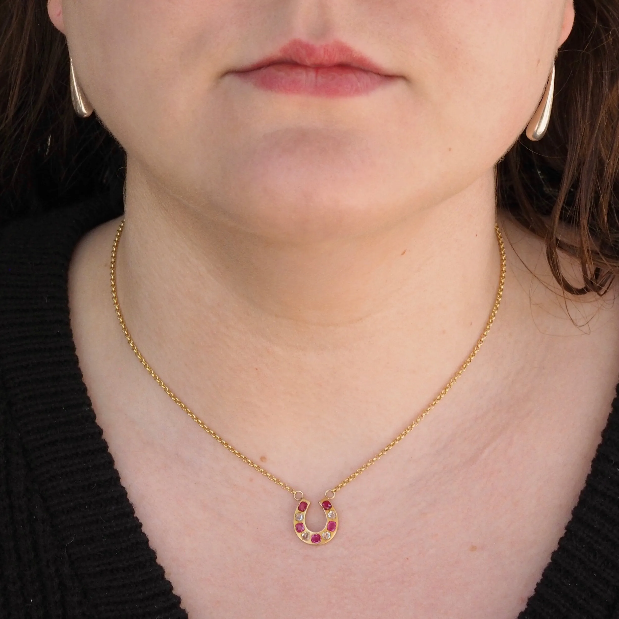 Antique Victorian French 18k Gold Ruby and Rose Cut Diamond Horseshoe Necklace