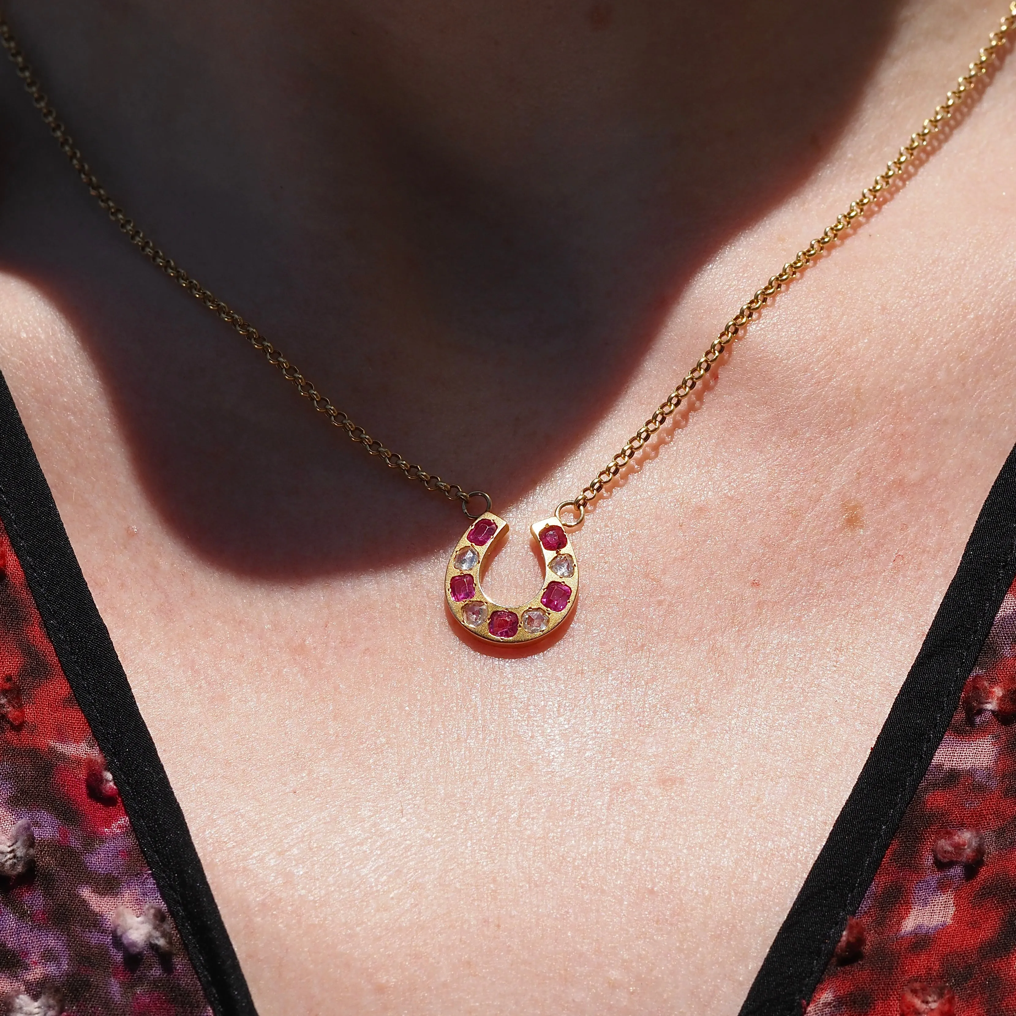 Antique Victorian French 18k Gold Ruby and Rose Cut Diamond Horseshoe Necklace