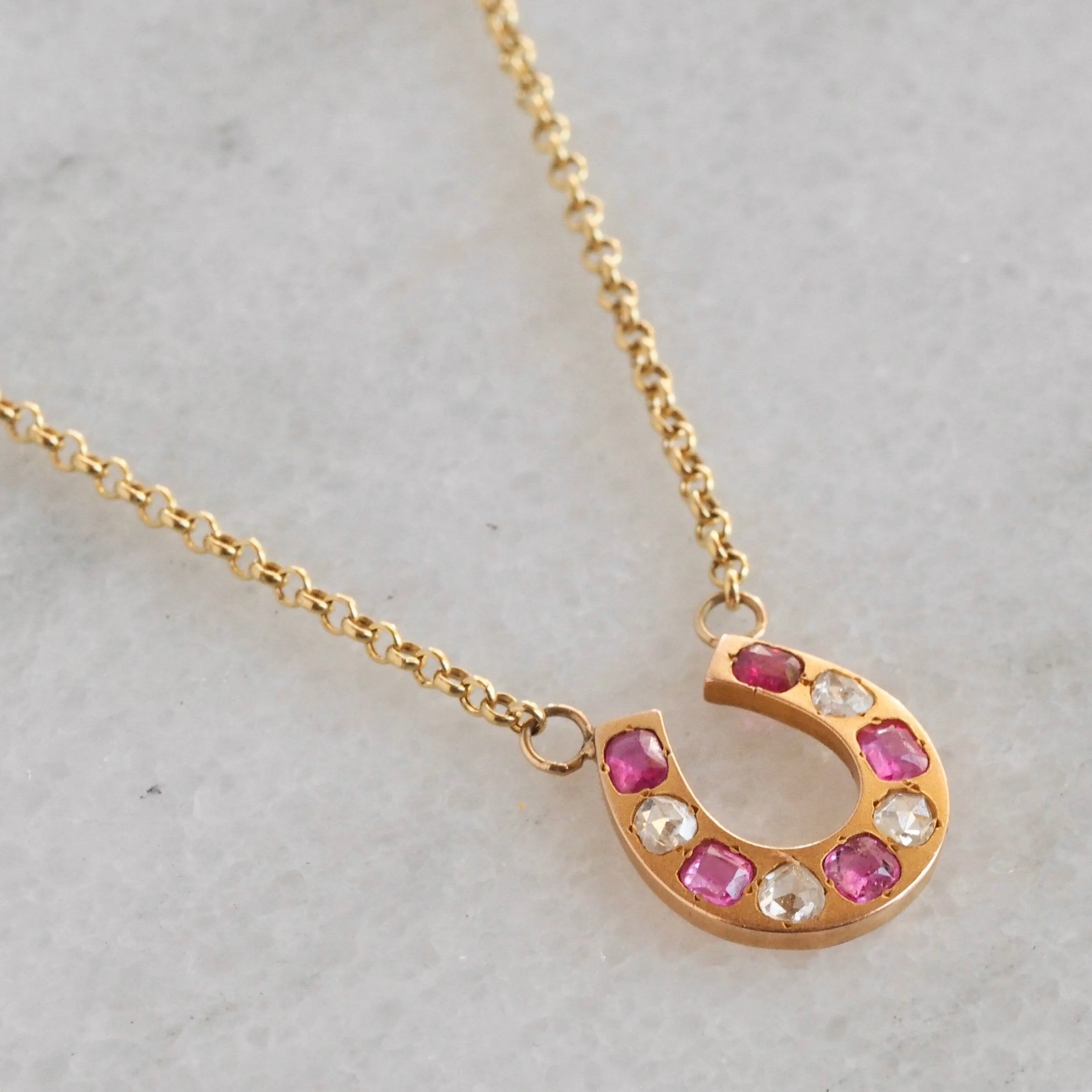 Antique Victorian French 18k Gold Ruby and Rose Cut Diamond Horseshoe Necklace