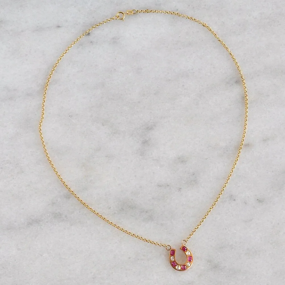 Antique Victorian French 18k Gold Ruby and Rose Cut Diamond Horseshoe Necklace