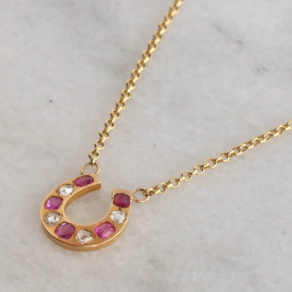 Antique Victorian French 18k Gold Ruby and Rose Cut Diamond Horseshoe Necklace