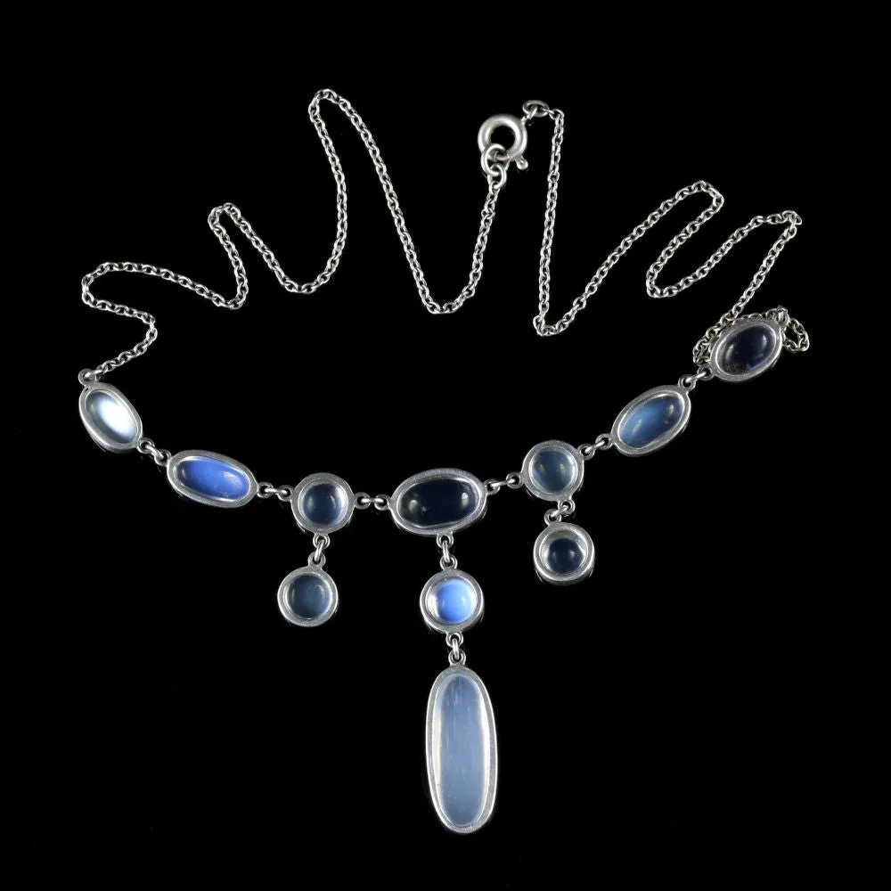 Antique Victorian Moonstone Dropper Necklace Silver Circa 1900