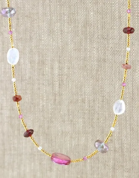 AVF Gold Glass, Moonstone, Pink Quartz, Garnet & Pink Sapphire Necklace (SI6715)