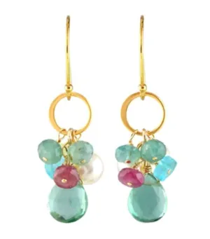 AVF Gold Hammered Circle Link Green Quartz, Grandidierite, White Pearl & Sapphire Earrings (SI6739)