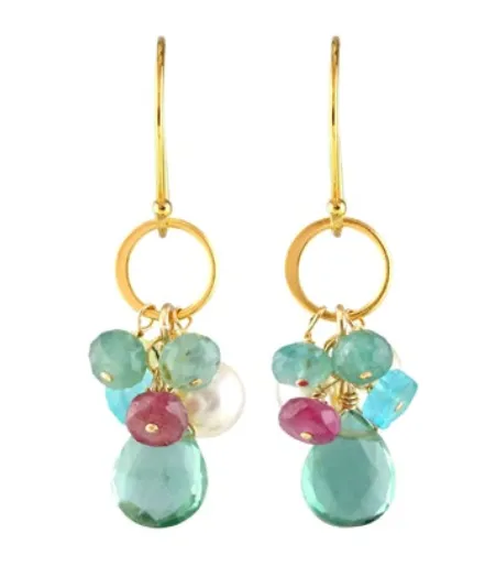 AVF Gold Hammered Circle Link Green Quartz, Grandidierite, White Pearl & Sapphire Earrings (SI6739)