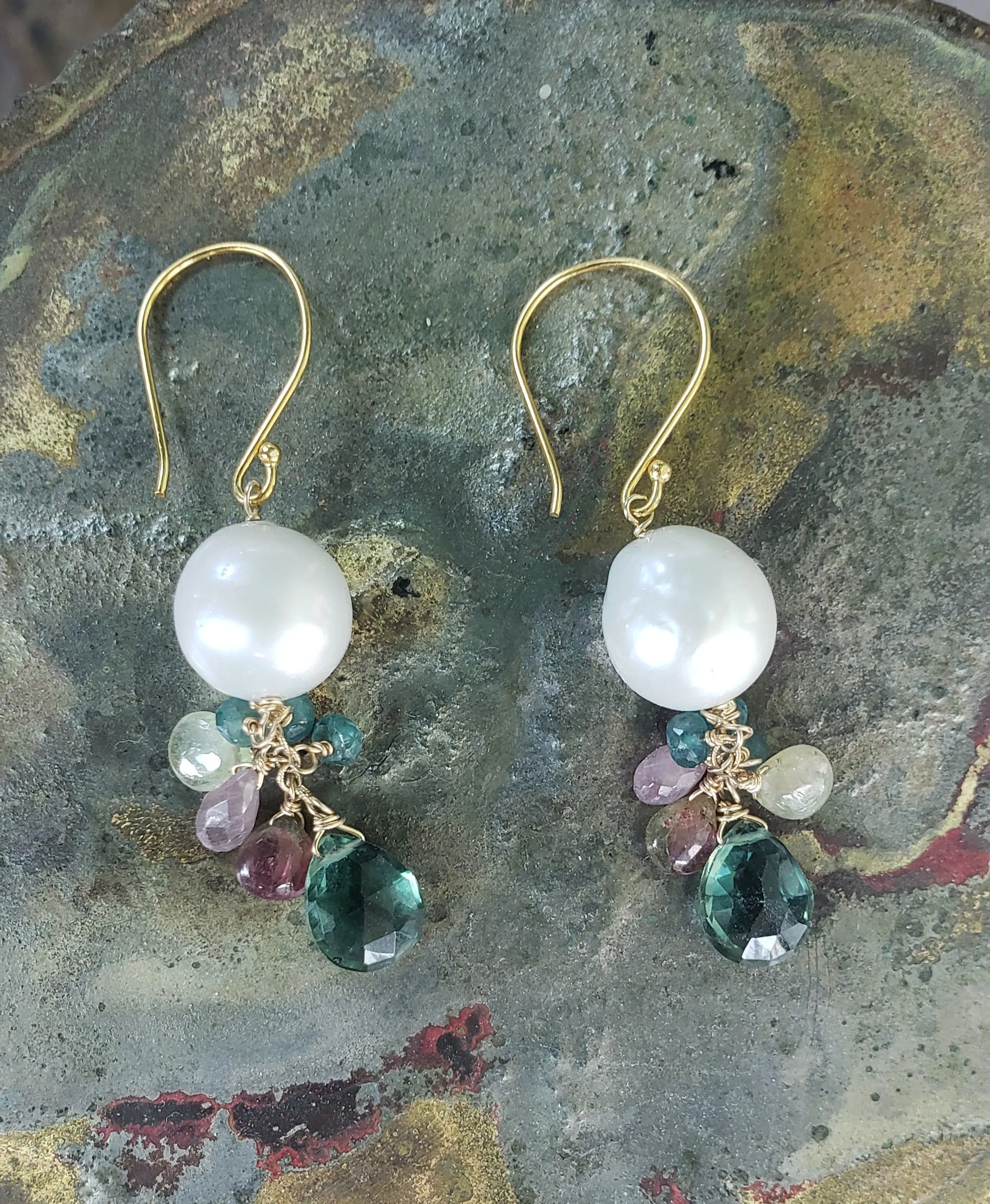 AVF Gold Pearl, Tourmaline, Grandidierite, Pink Sapphire & Quartz Cluster Earrings (SI3736)