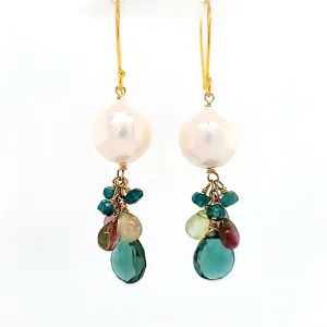 AVF Gold Pearl, Tourmaline, Grandidierite, Pink Sapphire & Quartz Cluster Earrings (SI3736)