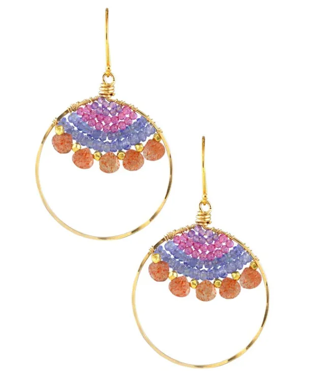AVF Gold Sunstone, Tanzanite, Pink Quartz & Amethyst Front Facing Hoop Earrings (SI6730)