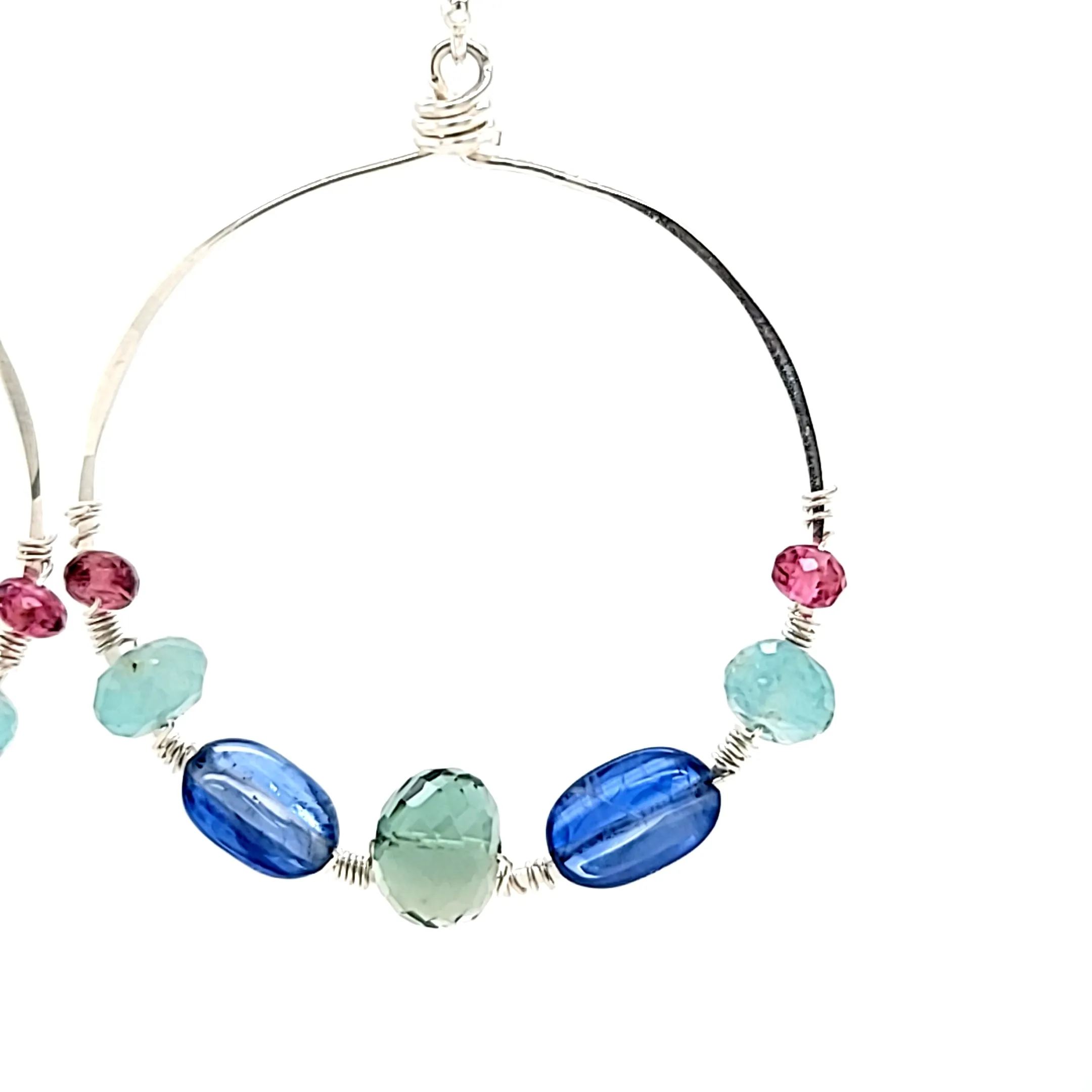 AVF Silver Kyanite, Grandidierite, Green Quartz & Pink Tourmaline Front Facing Beaded Hoop Earrings (SI3733)
