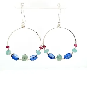AVF Silver Kyanite, Grandidierite, Green Quartz & Pink Tourmaline Front Facing Beaded Hoop Earrings (SI3733)