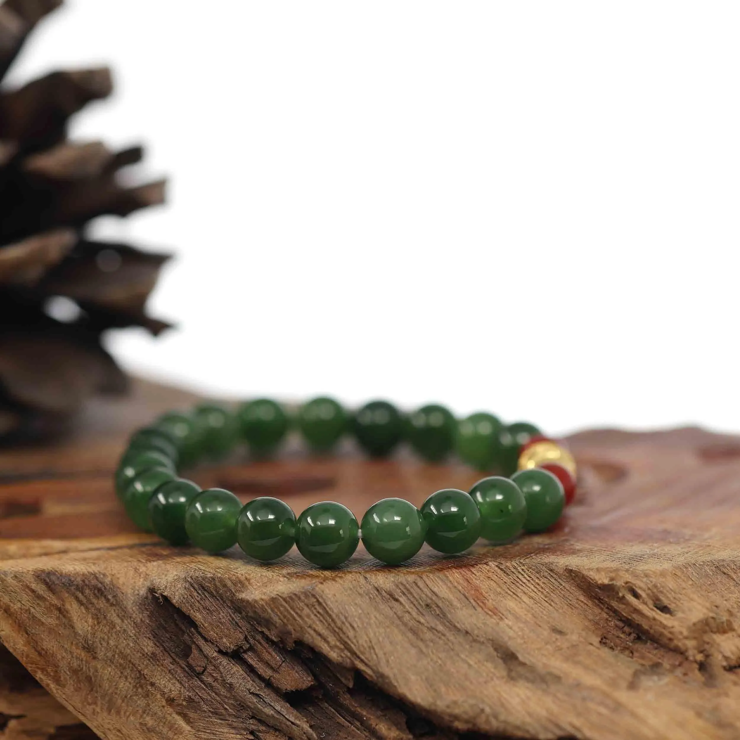 Baikalla Natural Green Nephrite Jade Round Beads Bracelet 24K Pure Yellow Gold Oval Star Charm ( 8 mm )