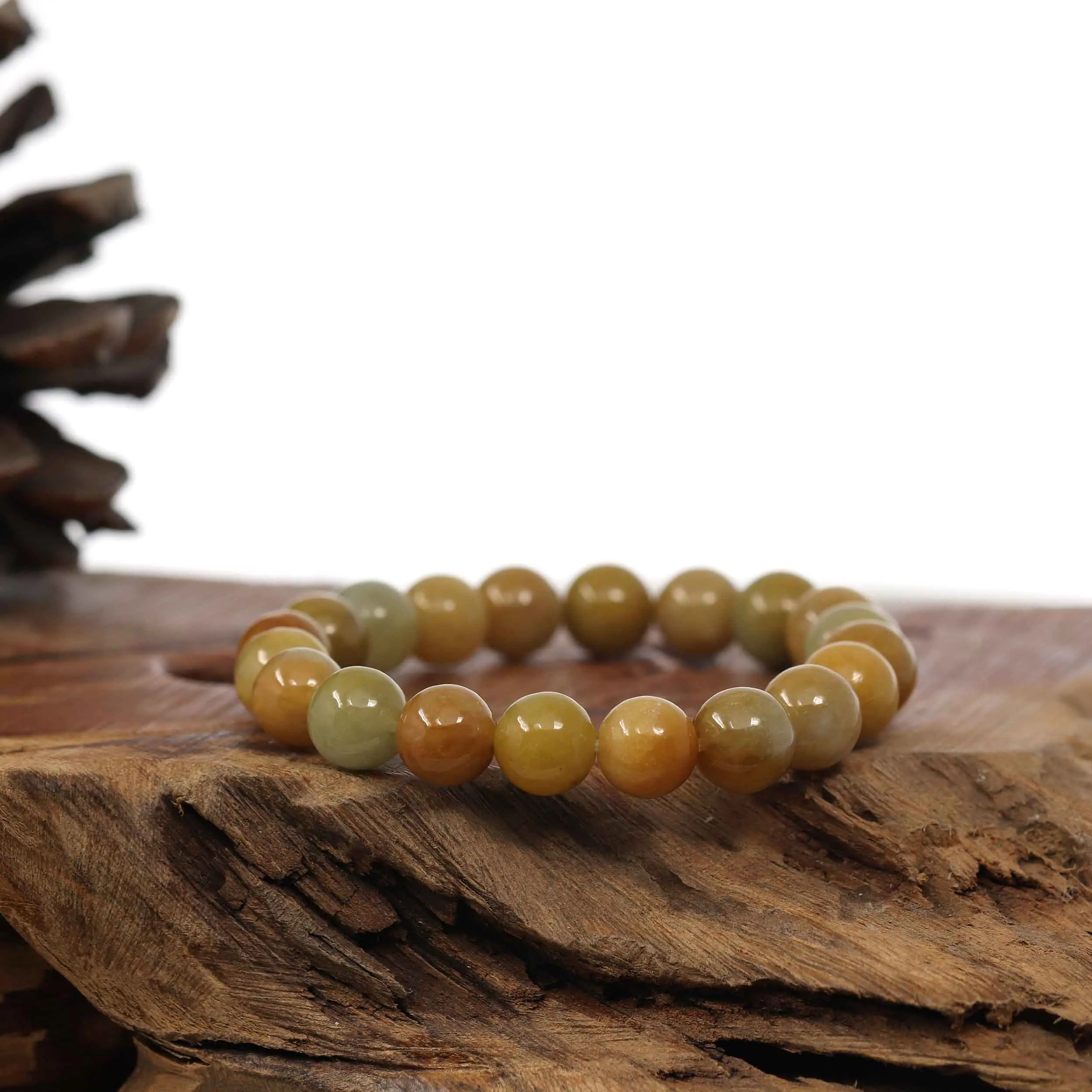 Baikalla Natural Yellow Burmese Jadeite Jade Round Beads Bracelet (9.5mm)