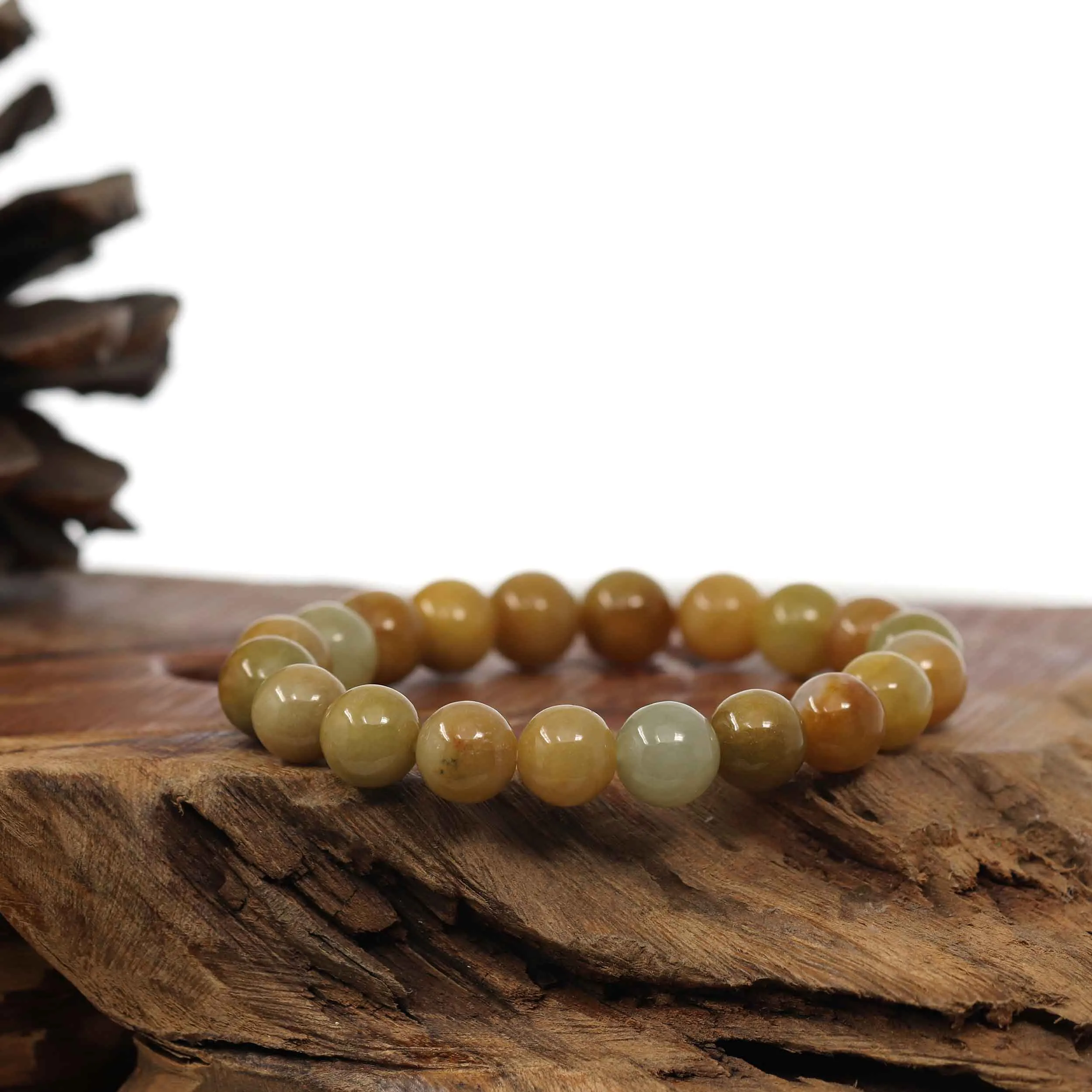 Baikalla Natural Yellow Burmese Jadeite Jade Round Beads Bracelet (9.5mm)