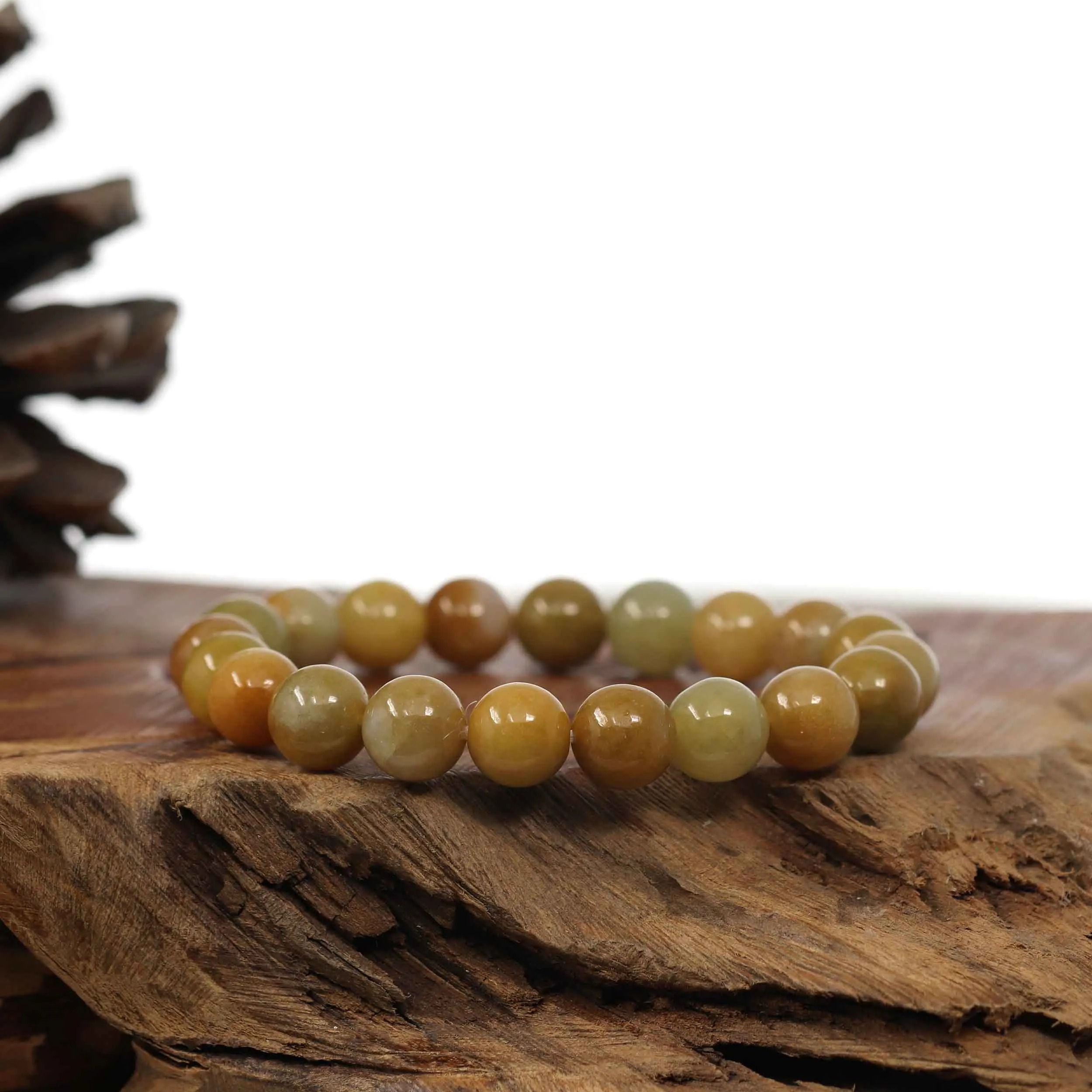 Baikalla Natural Yellow Burmese Jadeite Jade Round Beads Bracelet (9.5mm)