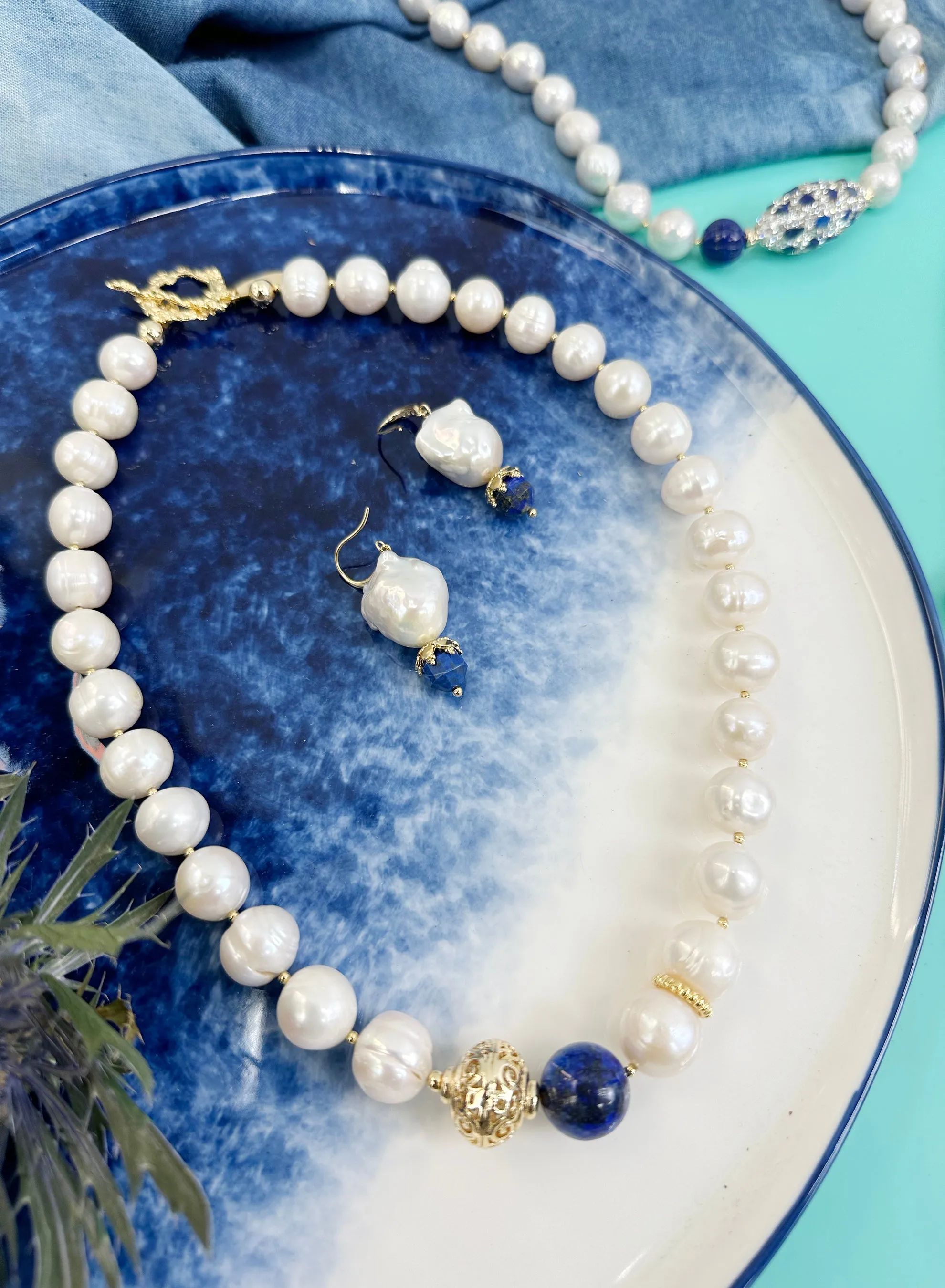 Baroque Pearls with Faceted Lapis Dangle Earrings JE020