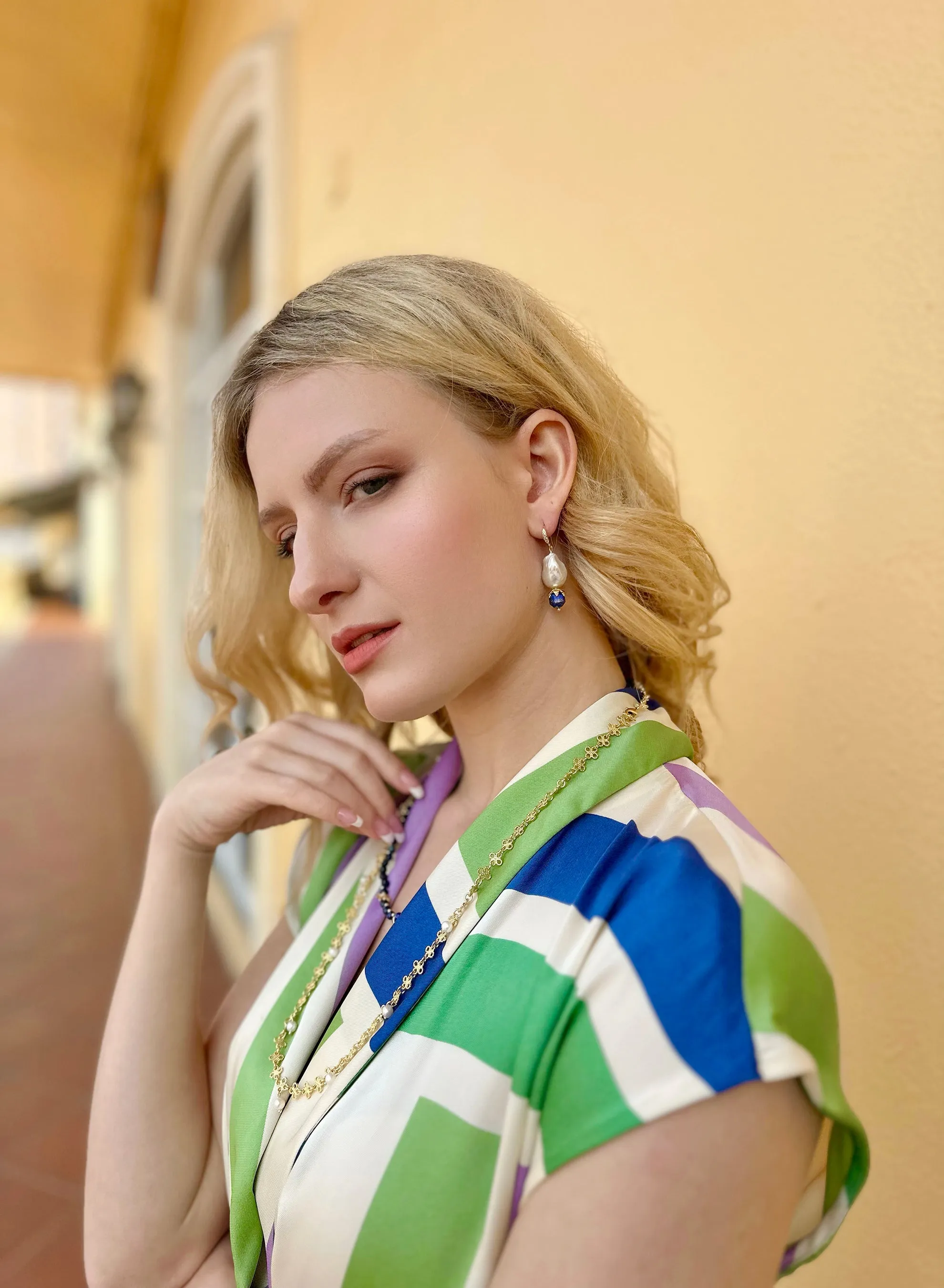 Baroque Pearls with Faceted Lapis Dangle Earrings JE020