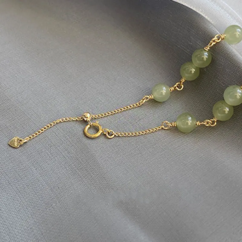Buddha Stones 14k Gold Plated Hetian Jade Beaded Prosperity Chain Bracelet