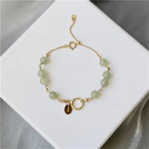 Buddha Stones 14k Gold Plated Hetian Jade Beaded Prosperity Chain Bracelet