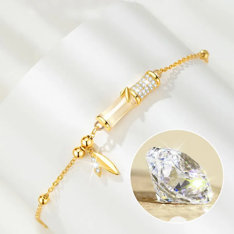 Buddha Stones 925 Sterling Silver 18K Gold Plated White Jade Bamboo Zircon Leaf Luck Bracelet