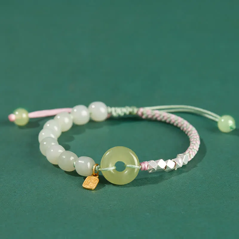 Buddha Stones 925 Sterling Silver Hetian Jade Peace Buckle Beaded Luck Happiness Charm Bracelet